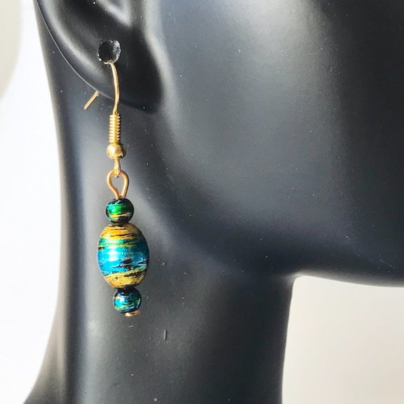 Blue Amber Murano Glass Earrings Bead Hand Painted Round Gold Plated - Picture 2 of 8